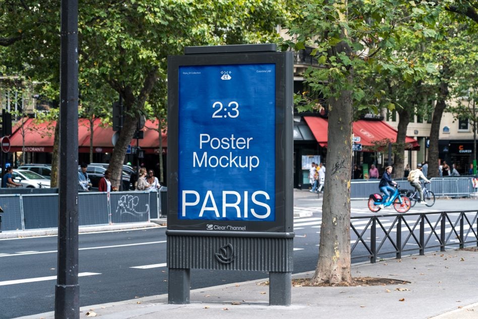 Blue lit digital street display featuring 2:3 Poster Mockup PARIS on urban avenue